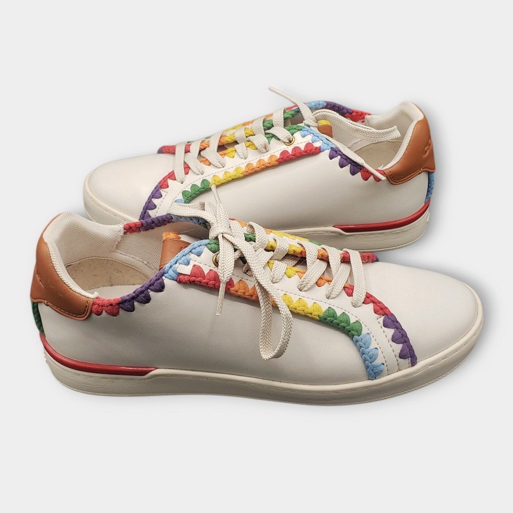 Coach Mens Lowline Low Top Leather Sneakers Rainbow Crochet Chalk White Size 10D